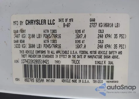 2008 Dodge Dakota St z USA, uszkodzony, nr VIN 1D7HE22K28S510421
